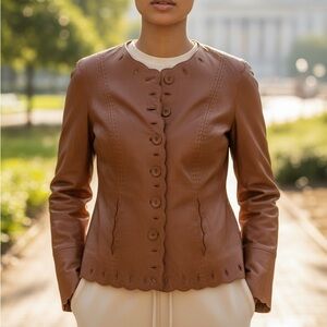 Vintage Pamela McCoy Tan Scalloped Lambskin Leather Jacket Size Small
